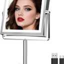 Ruacq Rechargeable Makeup Mirror, 4000mAh Lighted Makeup Mirror with Magnification 1X/10X, Height Adjustable Vanity Mirror with Lights, 3 Color Lights, Adjustable Brightness, 360Rotation (Chrome)
