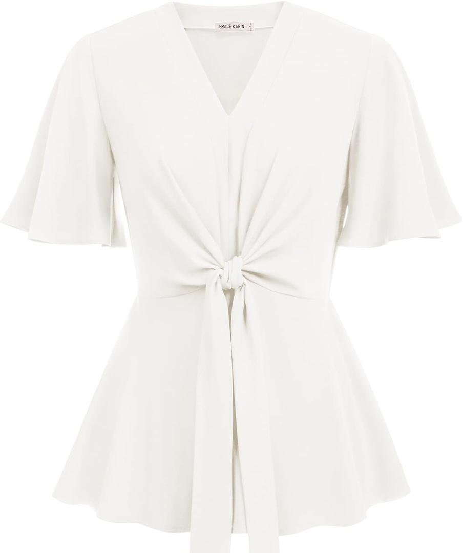 GRACE KARIN 2026 Women's Elegant V Neck Peplum Tops Tie Front Short Bell Sleeve Shirts Tops Blouse (White, S)