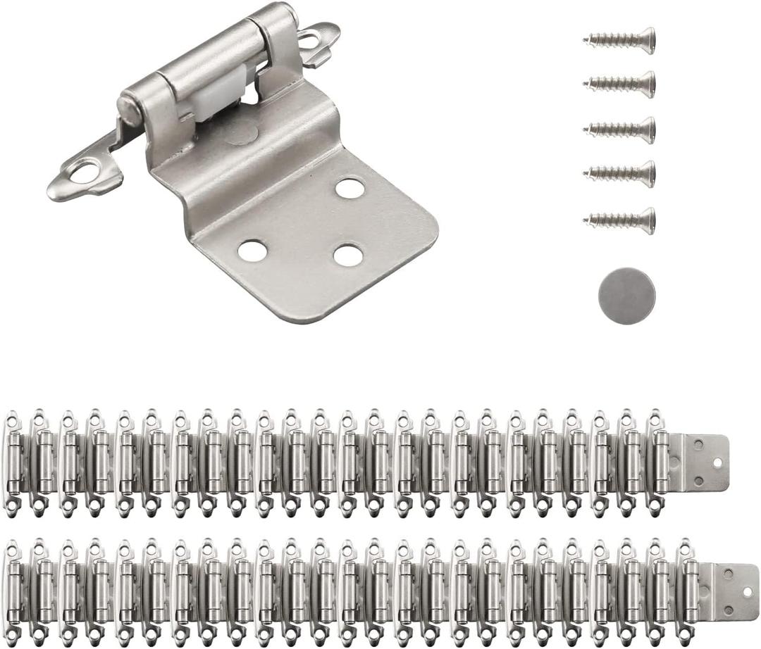 HOME MASTER HARDWARE 50 Packs (25 Pairs) 3/8" Inset Satin Nickel Cabinet Hinges, Semi-Concealed Hinges for Kitchen/Furniture Cabinets Doors, Self Closing Cabinet Door Hinges with Door Bumper