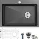 OUGOO Kitchen Sink, 22 x 18 Drop in Sink, 9" Deep Single Bowl Kitchen Sinks, 304 Stainless Steel Topmount Kitchen Sink with Strainer & Bottom Grid, Black