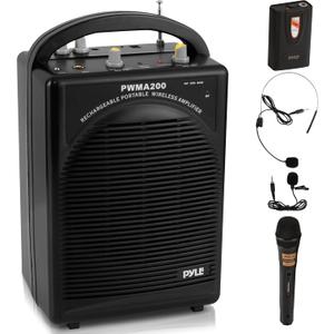 Pyle Portable PA Speaker & Microphone System - FM Stereo Radio, Built-in Rechargeable Battery, Aux & Microphone Inputs, Includes Beltpack, Hand-held Headset & Lavalier Mics - Black