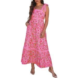 Opemiby Womens Maxi Dress Spring Summer Sleeveless Lace Strap Empire Waist A Line Side Pockets Beach Casual Long Dresses (S)