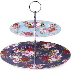 BTaT - Floral 2 Tier Round Porcelain Cupcake Stand, 2Tier Serving Tray, Dessert Stands, Tea Party Supplies, Party Table Decoration, Dessert Display Stands, Cookie Trays for Parties