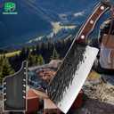 FULLHI Butcher Knife with Sheath, High Carbon Steel Kitchen Knife Vegetable Cleaver Chinese Cooking Knife, Full Tang Forged Chef Knife for Outdoor Camping BBQ (Brown)