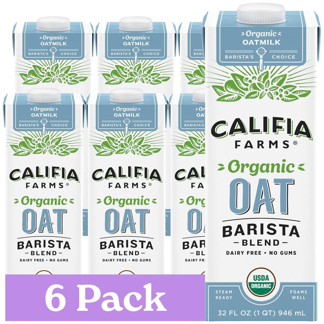 Califia Farms - Organic Oat Barista Blend, 32 oz (Pack of 6), Shelf Stable, Dairy Free, Plant Based, Vegan, Non GMO, Organic Milk, Creamer, Milk Frother, Oatmilk (EXP 08/28/26)