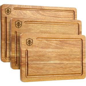 3 PCS Cutting Boards for Kitchen, Premium Acacia Wooden Cutting Board Set with Built-In Handle and Juice Groove, Charcuterie & Chopping Butcher Block for Meat, Vegetables, Fruits (Brown)