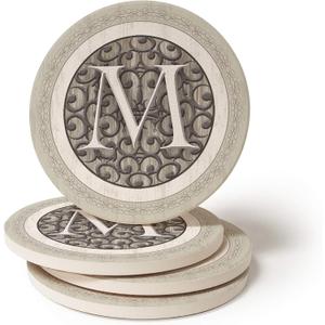 Monogram M Coasters Set of 4 Round Stoneware Coasters, Drink Coasters Wedding or Hostess Gifts for Women Or Men, Housewarming Gifts or Home Dcor Absorbent with Cork Backing