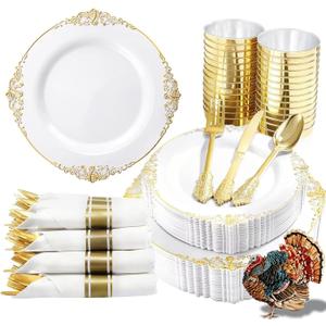Nervure 350PCS Gold Plastic Plates - Gold Plastic Dinnerware Sets for 50 Guests - 100 Disposable Plates, 150 Silverware, 50 Cups, 50 Napkins for Wedding & Party & Thanksgiving