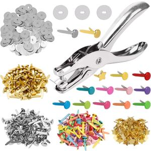 200 Pieces Paper Fasteners Brads, Multi Color Mini Brads Round Fasteners with 200 Pieces Silver Washers and Single Hole Metal Punch Pliers, Metal Paper Brads for Craft, Scrapbooking, DIY Supplies