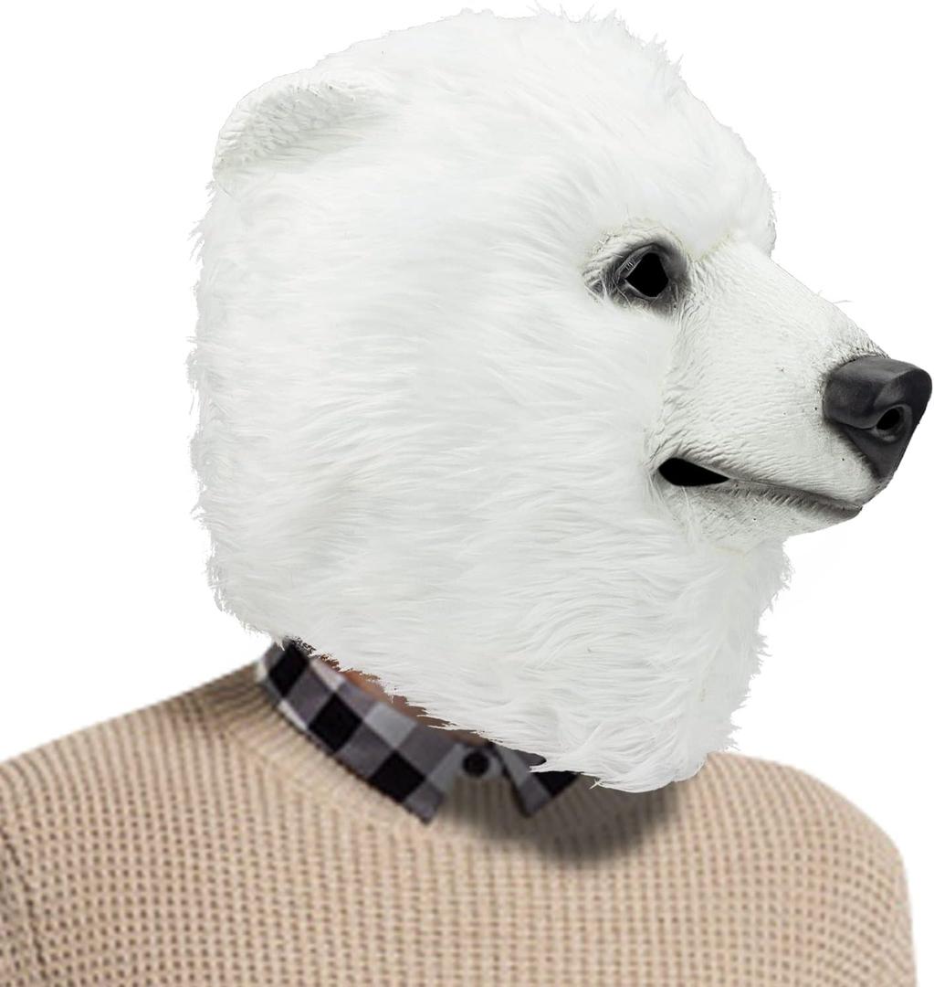 AQKILO Polar Bear Mask Plush Animal Latex Full Head Realistic Masks Fancy Dress for Halloween Carnival Costume Party