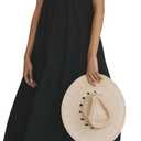 R.Vivimos 2026 Summer Cotton Maxi Dresses for Women Casual Sleeveless Button V Neck Tiered Loose Flowy Beach Long Dress, Size Small