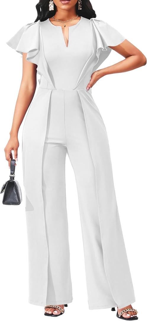 sexycherry Formal Jumpsuit for Women Dressy Elegant Long Straight Pants Jumpsuits for Party Club with Zipper (Medium, White/Ruffles)