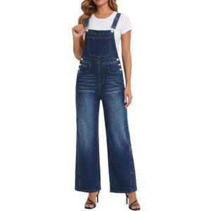 Women's Denim Overalls Loose Fit Baggy Overalls Wide Leg Barrel Jean with Pockets Adjustable Straps (Blue, XL)