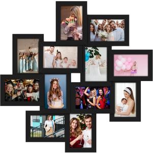 12 Pack 4x6 Picture Frame Collage, Multi Photo Frames Wall Decor Set with Glass Front and Hanging Hooks, Assembly Required Black