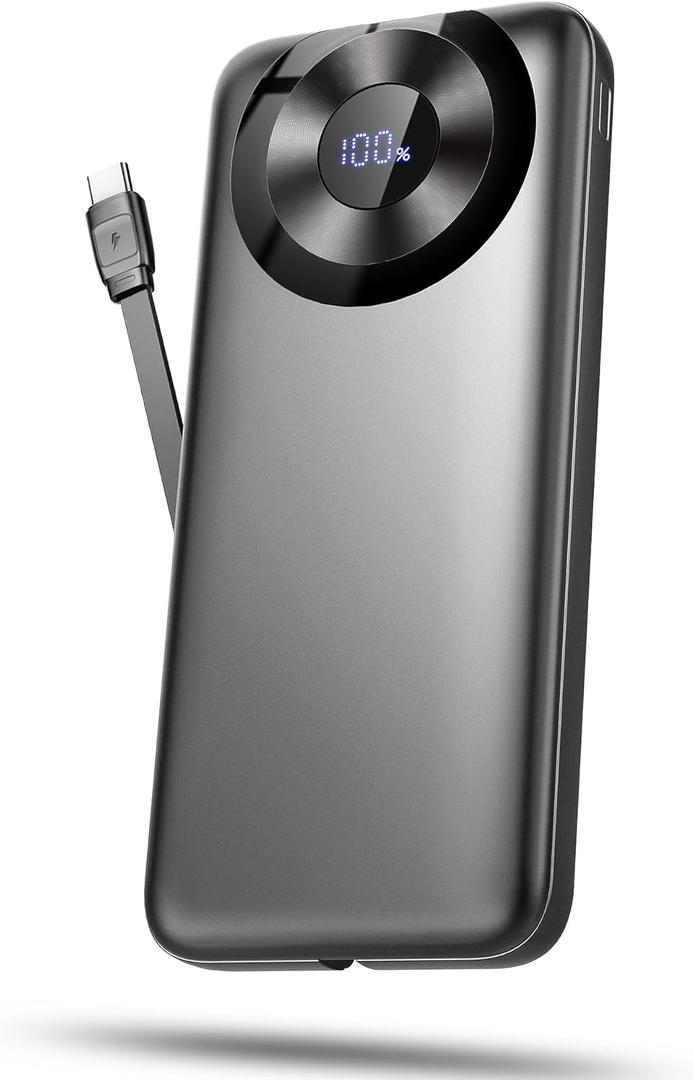 Portable Charger 10000mAh, Power Bank Fast Charging with Built in Cable 5V/3A Slim Battery Pack (Dark Black)