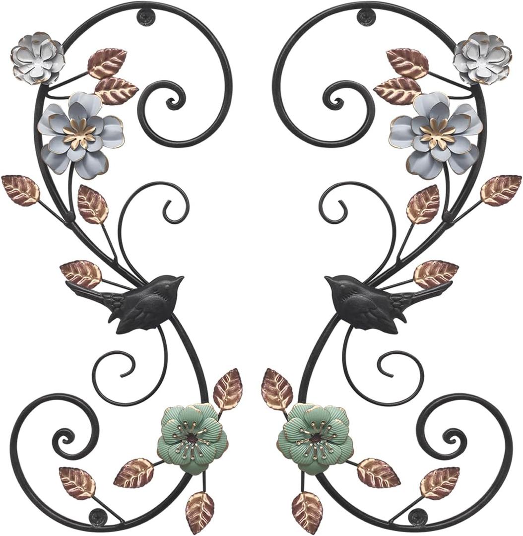 Birminwind Metal Flower Wall Art for Living Room: 2pcs 3D Floral Wall Dcor with Leaves Bird for Bedroom Kitchen - 15.16" Vintage Black and Gold Iron Decoration Outdoor