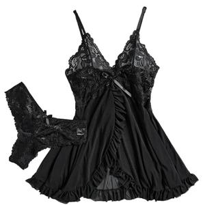 BGBLKBFPNK Tulle Suspenders Women's Lace V-Neck Underwear Cute Lace Babydoll Sleepwear Thong Dress Set Lingerie Nightgowns(Black, Size M)