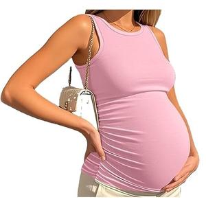 Ficerd Women's Maternity Tank Top, Side Ruched Sleeveless Pregnancy Shirts Summer Comfy Round Neck Maternity Vest Tee (Light Pink) Small