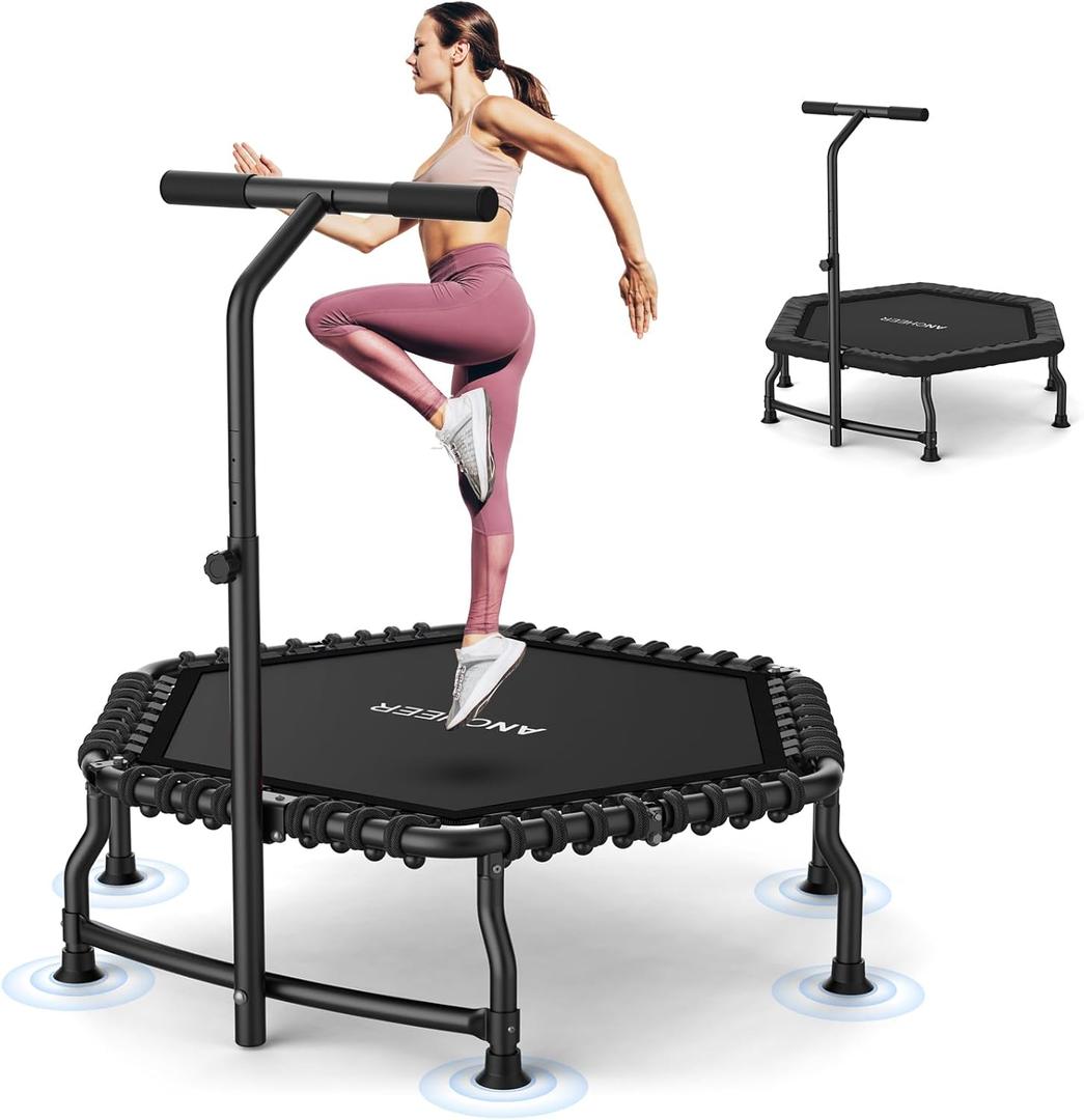 ANCHEER Trampoline, 50'' Rebounder Trampoline for Adult with Bar, Indoor Mini Trampoline, 550LBS Fitness Trampoline with Bungee, Jumping Cardio Equipment, Exercise Trampoline at Home Gym (Black)