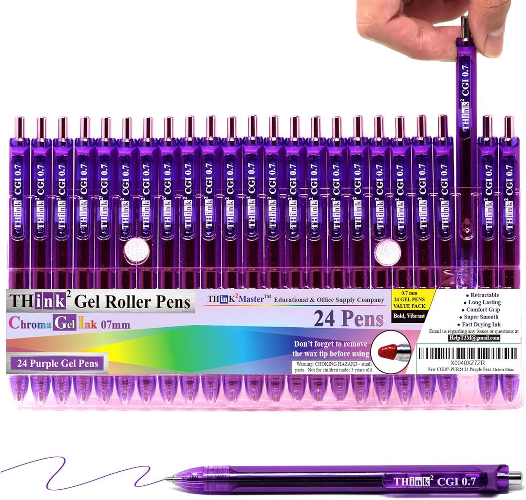 THINK2MASTER [24 Pens - Purple Ink] Think2 0.7mm CGI Retractable Gel Pens. (24 Purple) Medium Point Rollerball Pens with Smooth Quick Drying Ink.