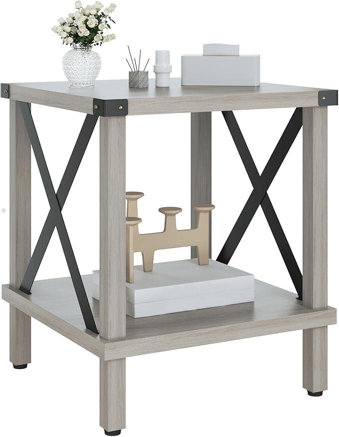 Large End Table Farmhouse Side Table Industrial Style Sofa Table Metal X Accent Wood Coffee Table NightStand with Storage Shelf for Living Room Bedroom Oak Grey MLBZ16Z