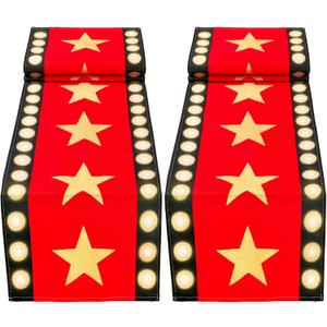 2 Pcs 13 x 72 Inch Movie Night Table Runner with Gold Star Design - Red Carpet Decoration for Birthday Party Supplies red