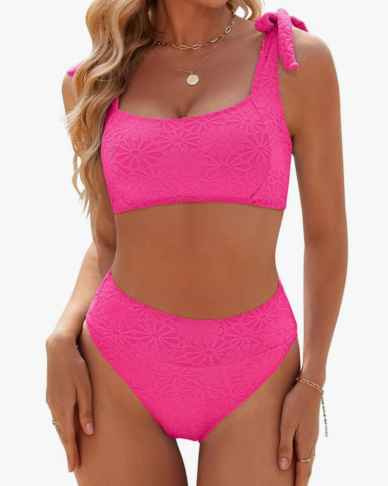 Blooming Jelly Womens High Waisted Bikini Set Tie Strap Jacquard Terry Cloth 2 Piece Swimsuit Modest Cute Retro Bathing Suit L