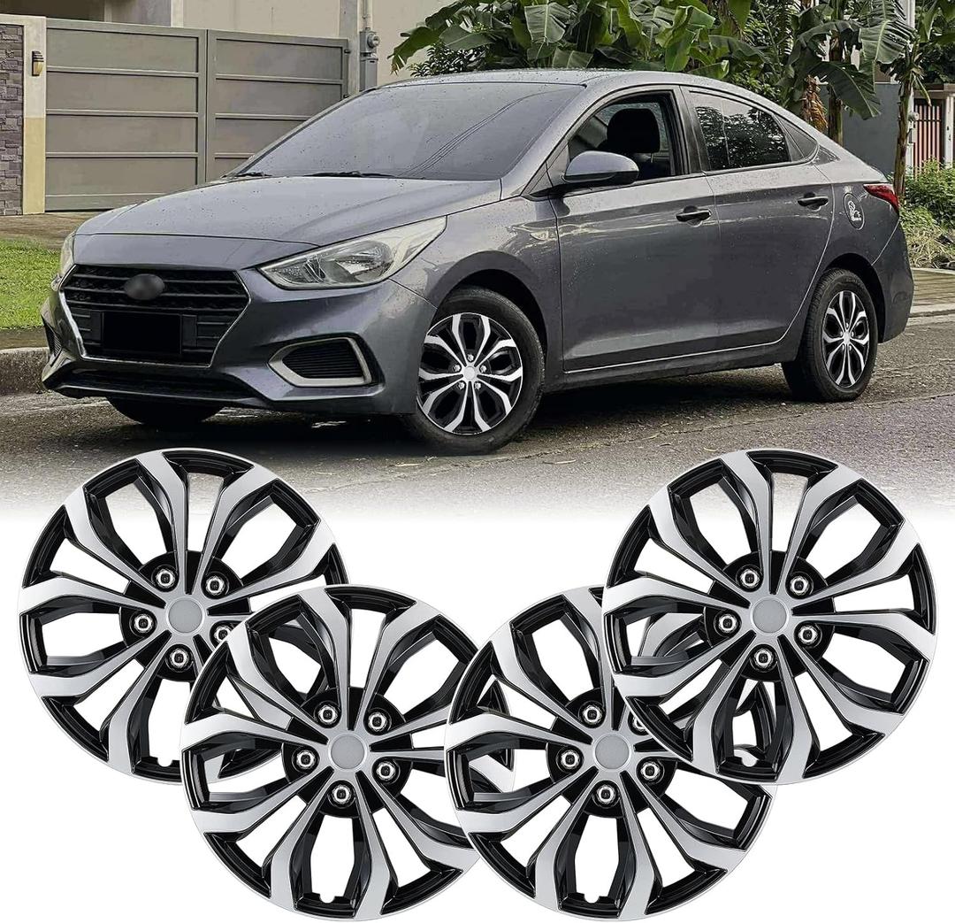 Hubcaps 15" Wheel Rim Cover Universal R15 Hub Caps, 15-Inch Hubcaps Wheel Covers Set of 4 Snap On Car Pickup Truck SUV, Silver & Black Color