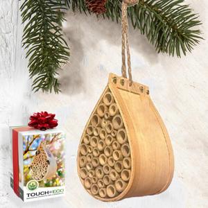 Pollinating Palace-Mason Bee House, Natural Hanging Wooden bee House Habitat with Bamboo Tubes for The Garden and Yard