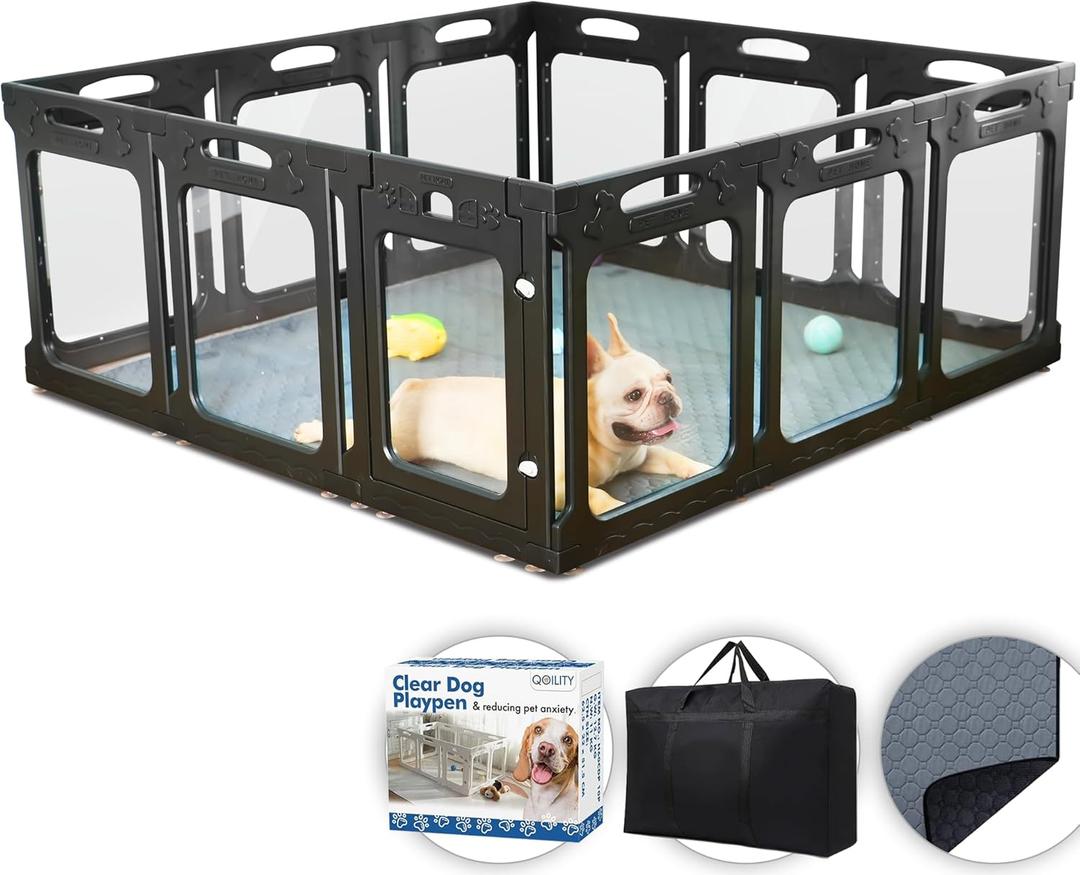 Clear Acrylic Dog Playpen with Door for Puppies & Small Dogs, 12Panels, 24" H, Black