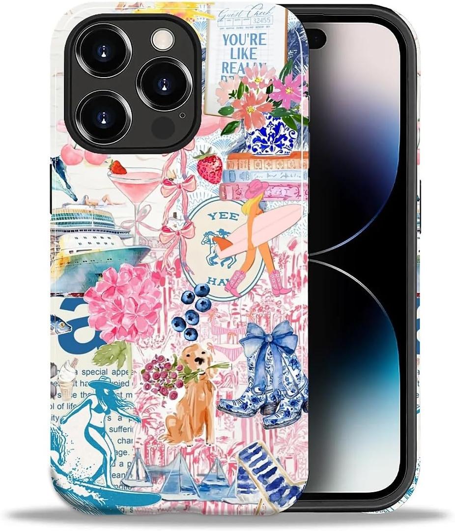 Case for iPhone 13 Pro Max,Shockproof TPU Bumper Drop Protection Hybrid 2-Layer Hard Cover for iPhone 13 Pro Max-Surfing Beach Flower Collage