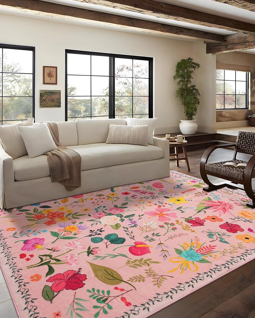 Area Rug 8x10, Washable Large Rugs for Living Room, Non Slip 0.27" Low Pile Vintage Floral Large Carpet for Bedroom, Dining Room, Kids Playroom (Pink)