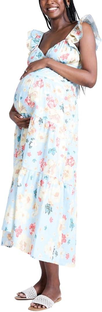 Motherhood Maternity Women's V-Neck Babydoll Ruffle Sleeve Tie-Back Maternity Maxi Pregnancy Dress (Blue, S)