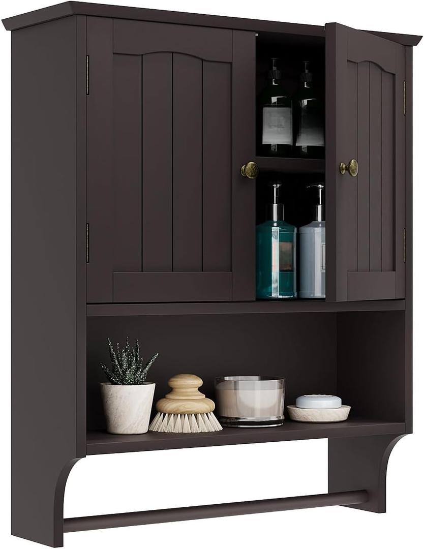 Smuxee Brown Wall Cabinet with Towel Bar - Medicine Cabinet with Adjustable Shelves, Over Toilet Cabinet for Laundry Room Kitchen