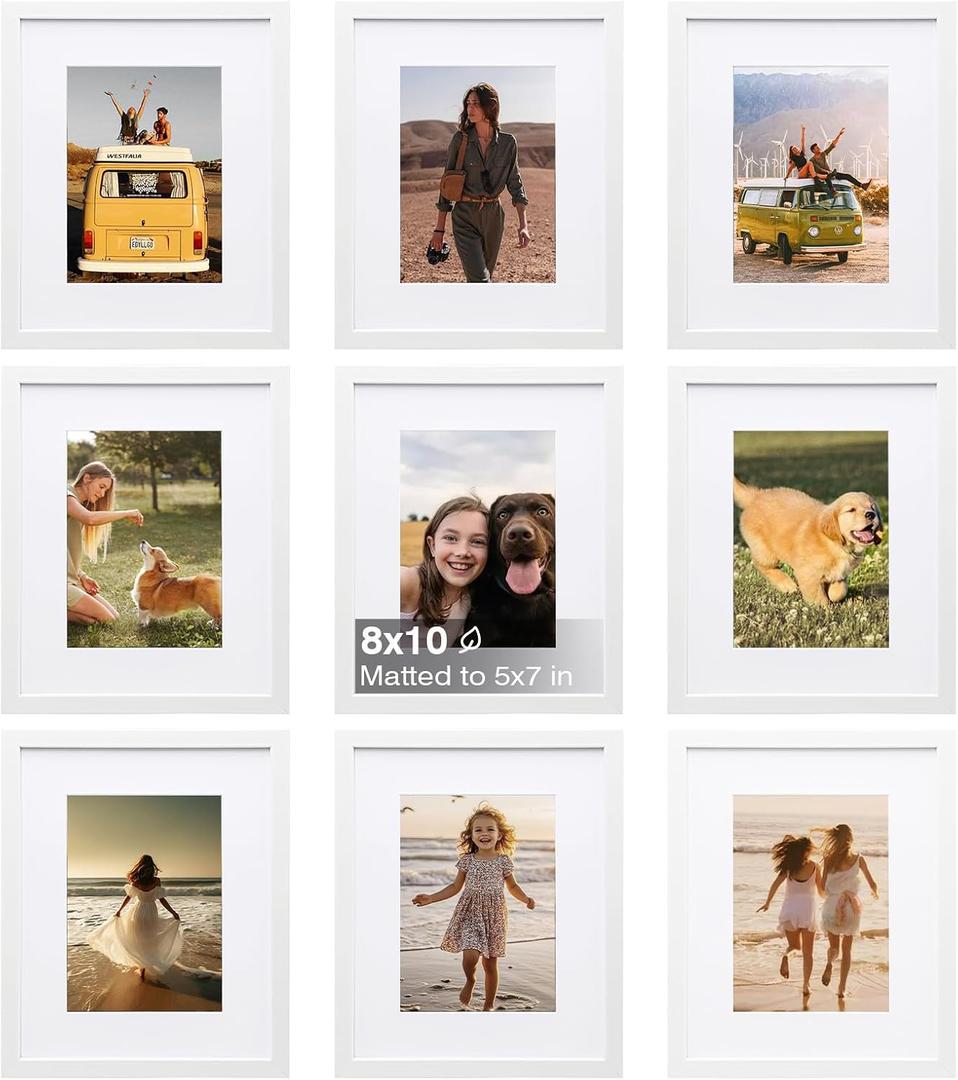 KINLINK 8x10 Picture Frame Set of 9, Wooden 10x8 Photo Frames with Plexiglass for 5x7 Pictures with Mat or 8x10 Without Mat, Art Collage for Wall Gallery and Tabletop Display, 8 x 10 Frame White