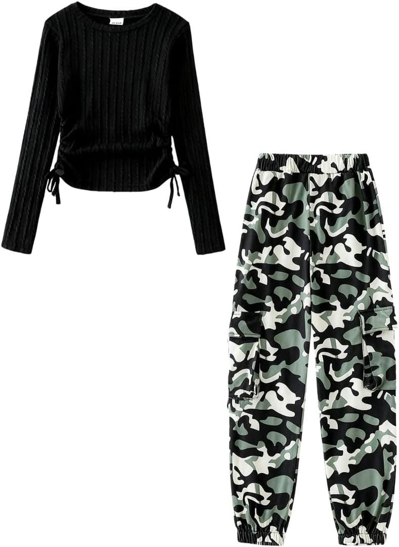 Azmxynol Teen Girls Clothes 2 Piece Outfit Long Sleeve Ruched T-Shirt Top + Cargo Jogger Pants Big Girls Fall Winter Casual Clothing Set (13-14T)