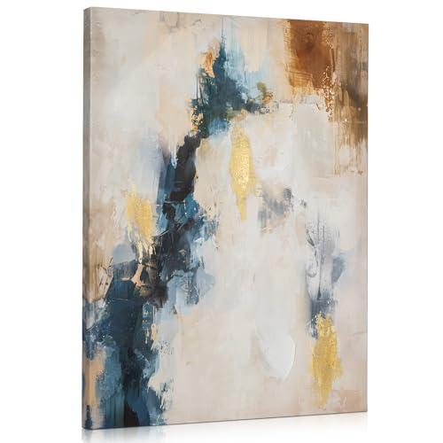 Briful Abstract Canvas Wall Art - Indigo, White, Gold - Modern, Living Room & Bedroom - 20'' x 28''