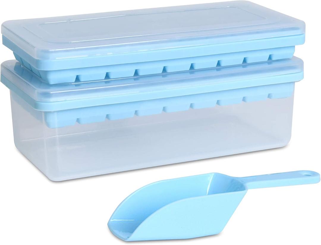 Food-grade Silicone Ice Cube Tray with Lid and Storage Bin for Freezer, Easy-Release 2 * 36 Small Nugget Ice Trays 1 ice Bucket & Scoop, Flexible Ice Cube Molds with Ice Container (Blue)