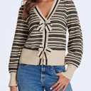 Saodimallsu Womens Striped Cropped Sweaters V Neck Cute Bow Tie Puff Sleeve Loose Knit Trendy Pullover Sweater (Small, Apricot)