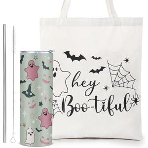 Abbylike 2 Pcs Halloween Gifts for Women Include 20 oz Stainless Steel Tumbler with Lid and Straw Boo Travel Mug Ghost Canvas Tote Reusable Bag for Birthday Gift Halloween Boo Party Favor