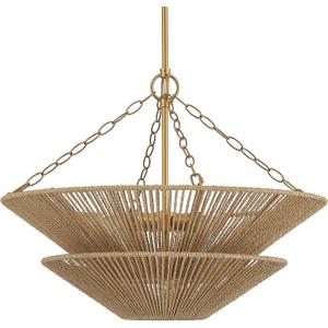 Modern Farmhouse Chandelier for Dining Room, 5-Lights Gold Chandelier for Entryway, Hand-Woven Rattan Pendant Light for Bedroom Kitchen Living Room
