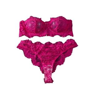 WDIRARA Women's 2 Piece Exotic Lingerie Set Floral Lace Mesh Sheer Strapless Bra and Panty Set Hot Pink Medium