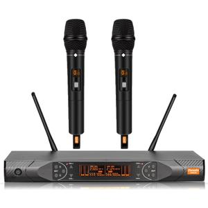 Wireless Microphone System, Metal Dual UHF Cordless Handheld Dynamic Karaoke Mic Set, Auto Scan, Long Range 200ft for Home Karaoke Singing, DJ Party, Church, Wedding, Speech (UM203)