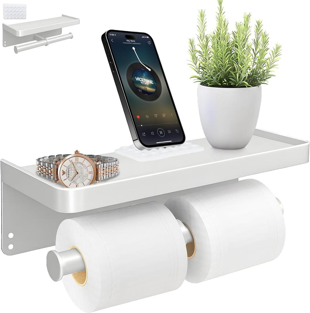 Double Toilet Paper Holder Wall Mount with Toilet Paper Storage,Toilet Paper Roll Holder with Phone Shelf,Toilet Paper Holder with Shelf (1, White)