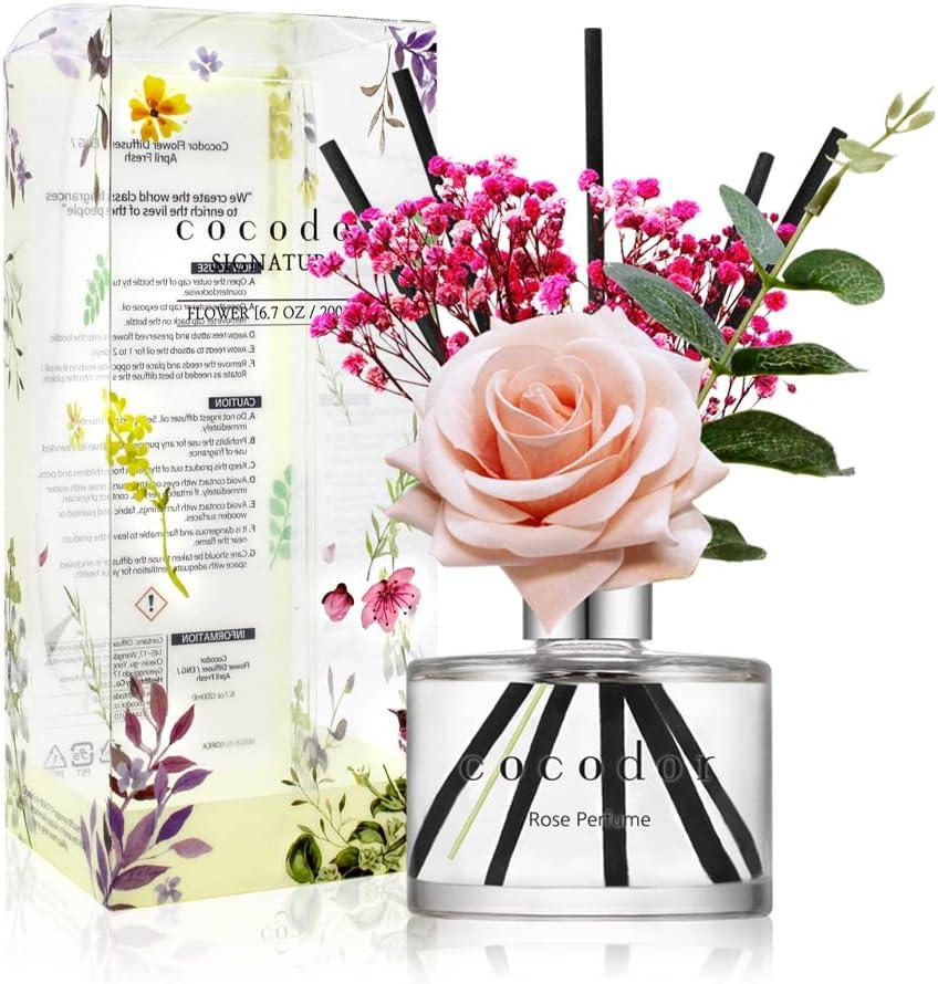 COCODOR Rose Reed Diffuser Set / 6.7oz / Rose Perfume/Scent Diffuser with Sticks Home Fragrance Reed Diffuser for Bathroom Shelf Decor for Women
