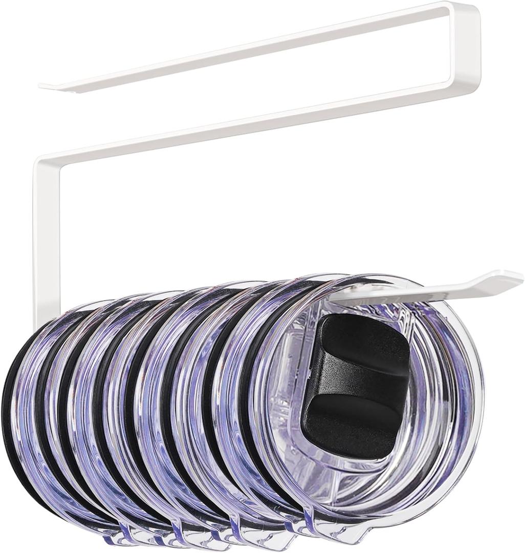 2 x Tumbler Lid Organizer Under Cabinet, Tumbler Lid Storage Hook Up to 10 Lids, Cup Lid Organizer Space Saving Tumbler Lid Hanger for Kitchen Storage, Horizontal Paper Towel Hanger (White)