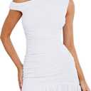 GOKATOSAU Women's One Off Shoulder Sleeveless Bodycon Ruched Mesh Ruffle Hem Mini Dress White S