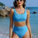 ANRABESS Women Two Piece Bikini Sets High Waist Square Neck Swimsuits Ribbed Textured Comfy Bathing SuitsBeach Swim Wear (Blue, L)