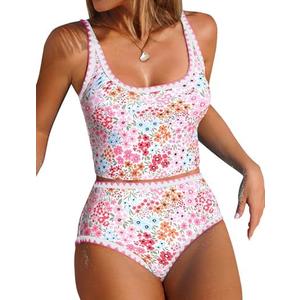 ZAFUL Tankini Swimsuit Tummy Control Bathing Suits Two Piece Swim Top with High Waisted Bottom Size L Pink Floral