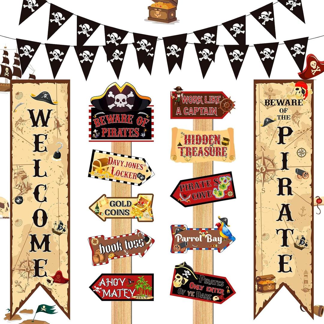 Pirate Themed Birthday Party Decorations Banner Beware of Pirate Porch Door Banner Directional Sign Treasure Hunt Map Party Decorations Sign Skull Pennant for Halloween Pirates Theme Party Supplies